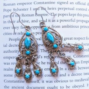 Turquoise and silver color drop earrings.